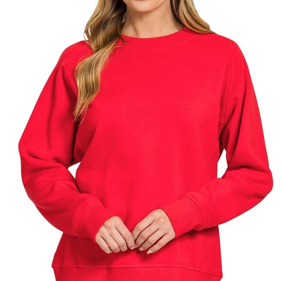 Zenana Fleece Round Neck Ribbed Side Raglan Sweatshirt - Picture 1 of 3
